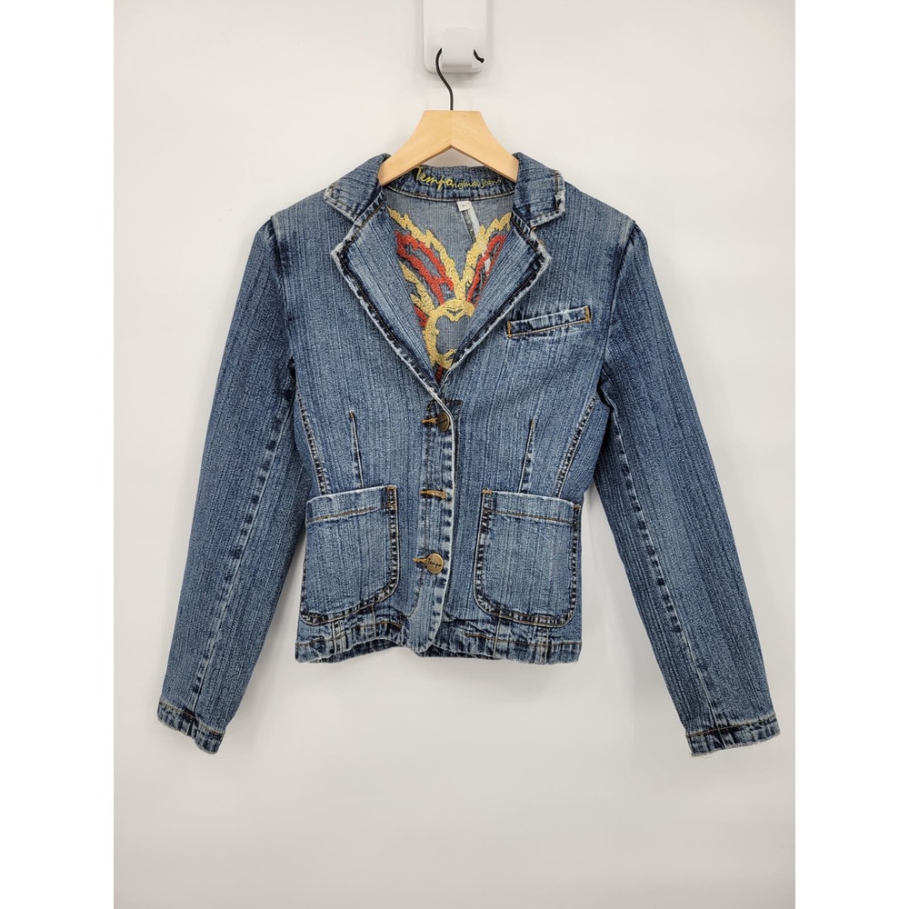 Tempo 2 Denim Jean Jacket Embroidered Collared Yellow Red Y2K 90s Cotton Flower